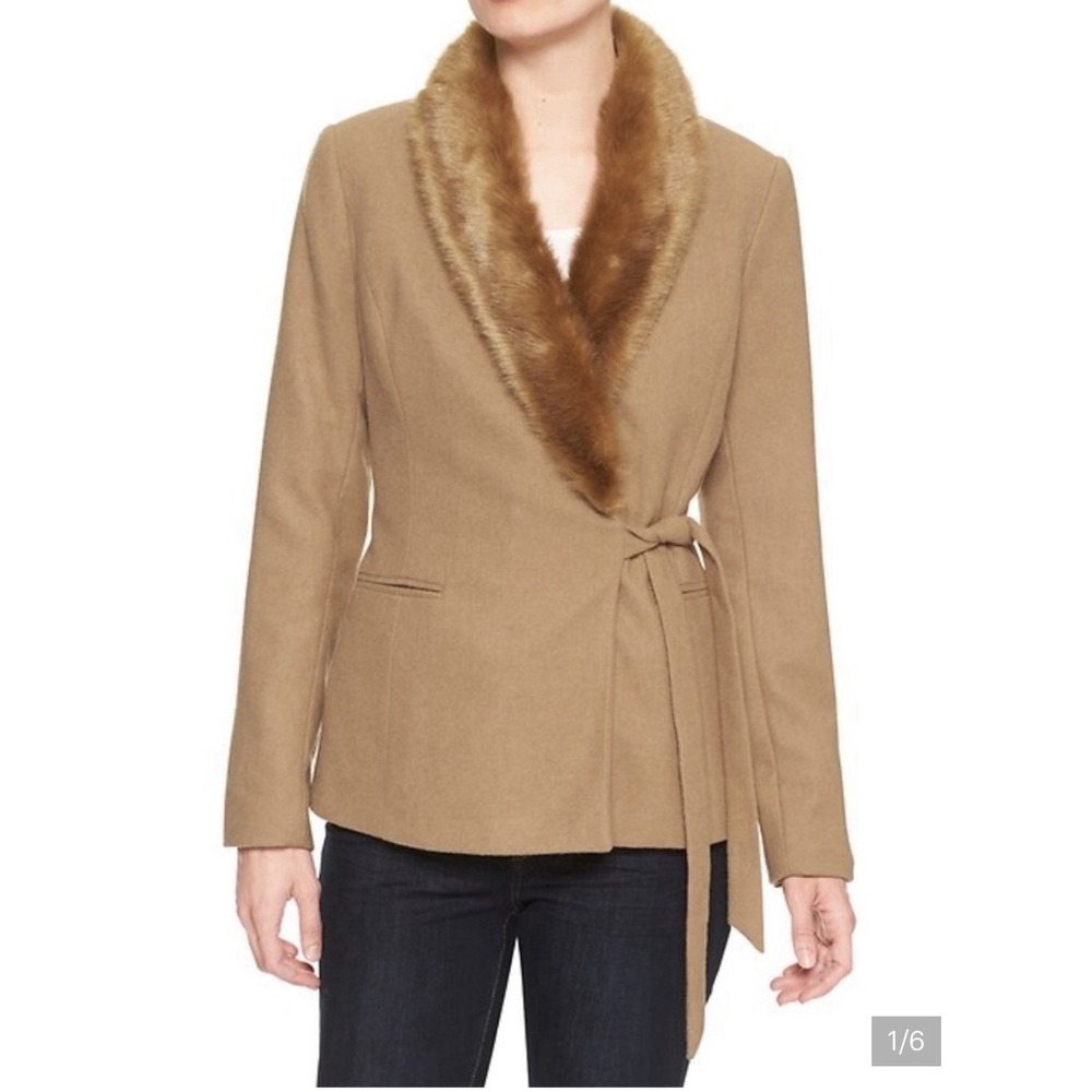 Banana Republic Womens Camel Wrap-Tie Wool Blend Fur Collar Blazer Jacket 2 New